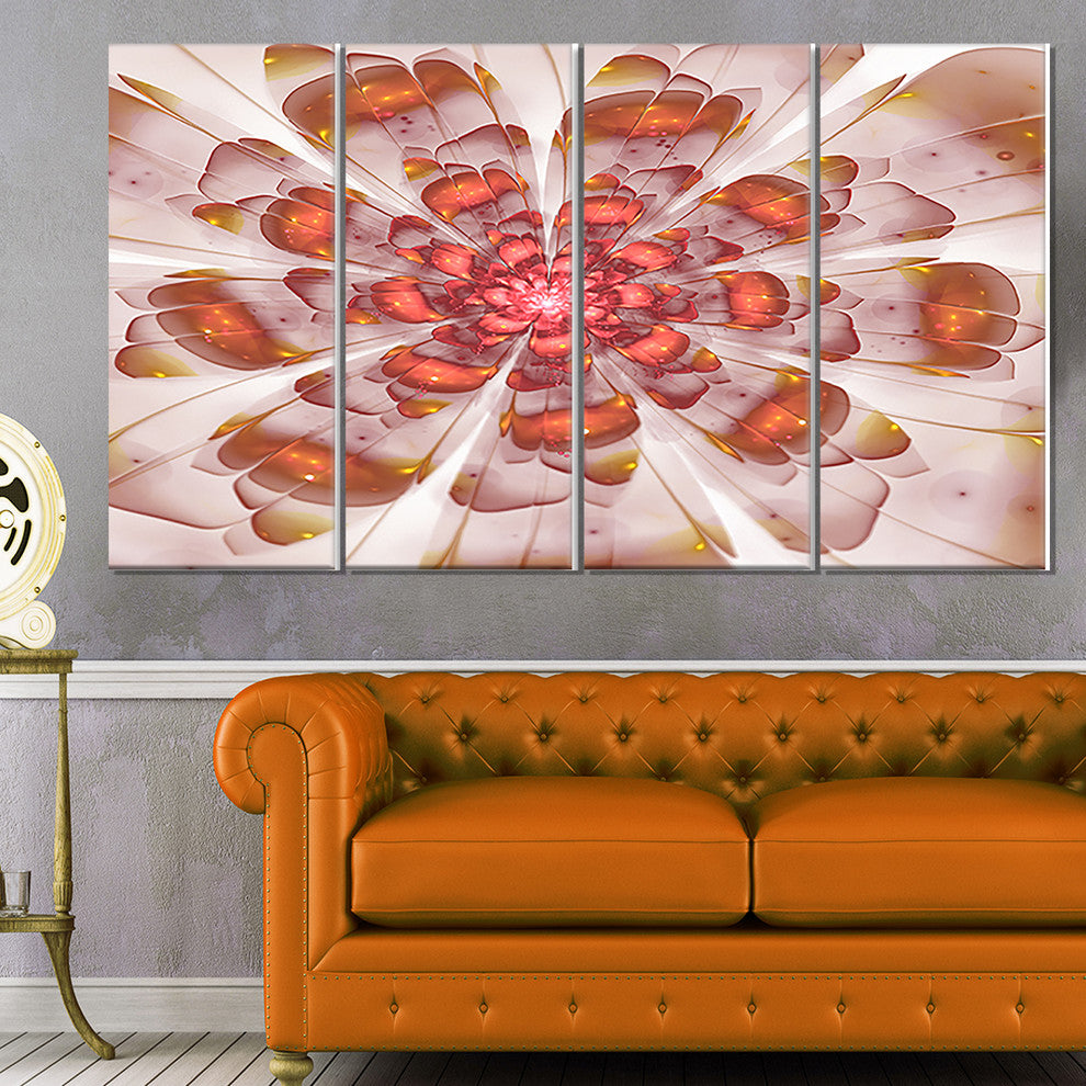 White Brown Fractal Flower, Floral Canvas Art Print, 48"x28", 4 Panels