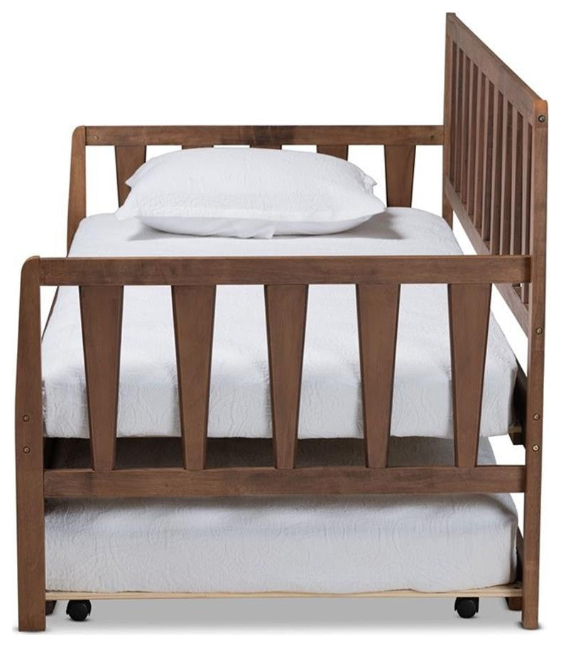 Midori Walnut Brown Wood Twin Size Daybed With Roll, Out Trundle Bed