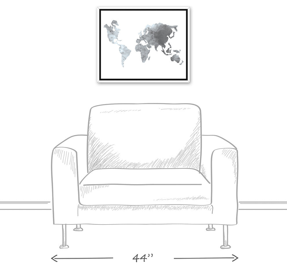 Gray World Map 16x20 White Floating Framed Canvas