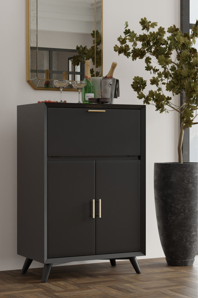 Flynn Large Bar Cabinet With Drop Down Tray, Black