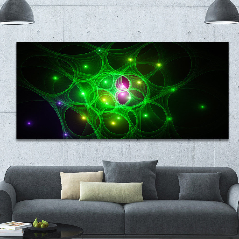 Green Fractal Space Circles, Oversized Abstract Canvas Art Print, 60x28