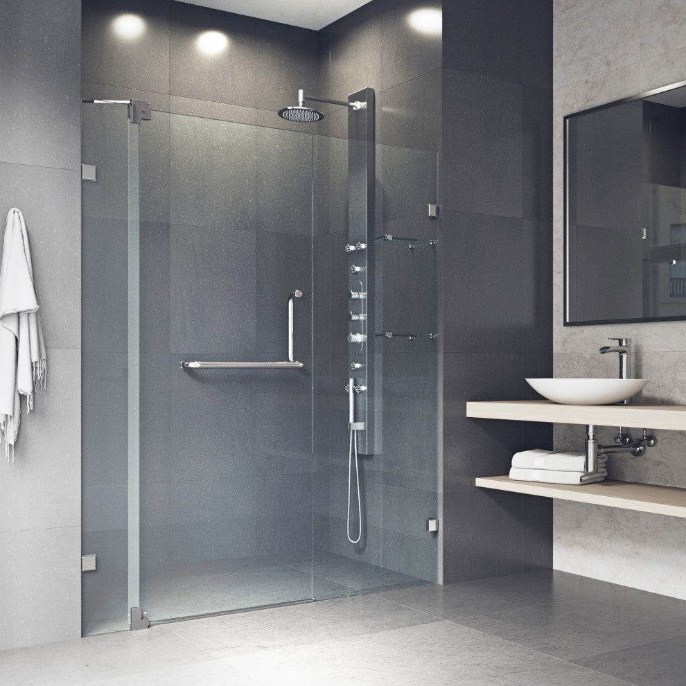 VIGO Pirouette 48" to 54" W x 72" H Frameless Pivot Shower Door, Brushed Nickel, Clear Glass