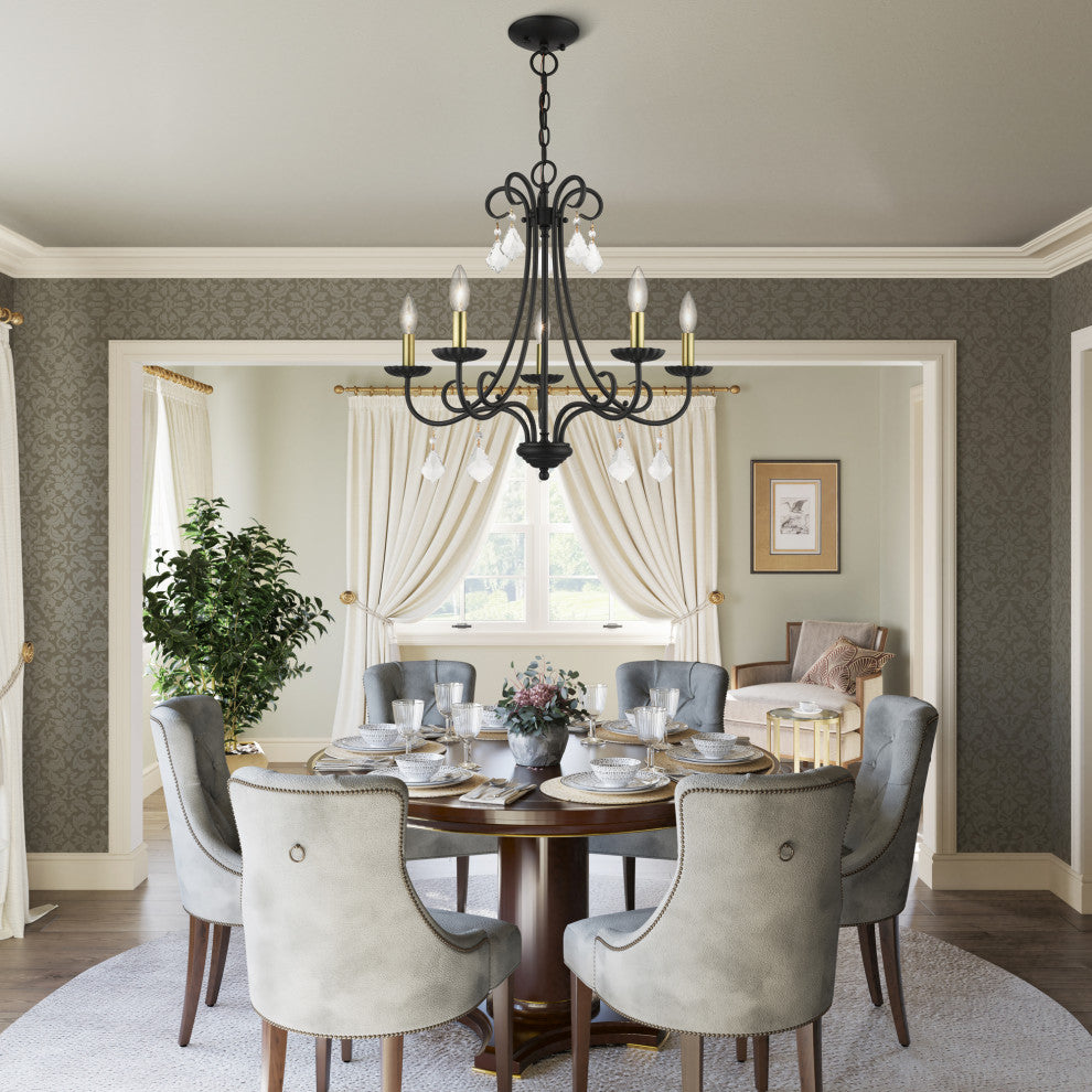 Daphne 5-Light Black Chandelier, Antique Brass Accents and Clear Crystals