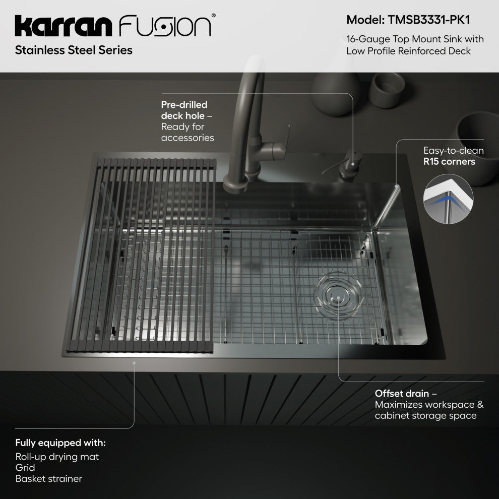 Karran Fusion Top Mount 33-in x 22-in Stainless Steel Single Bowl Kitchen Sink