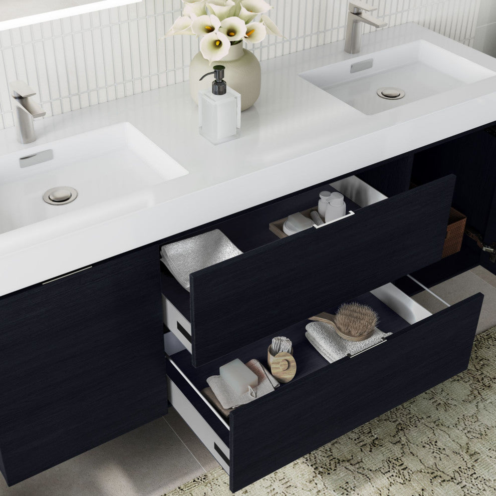 Boutique Bath Vanity, Black, 60", Double Sink, Wall Mount