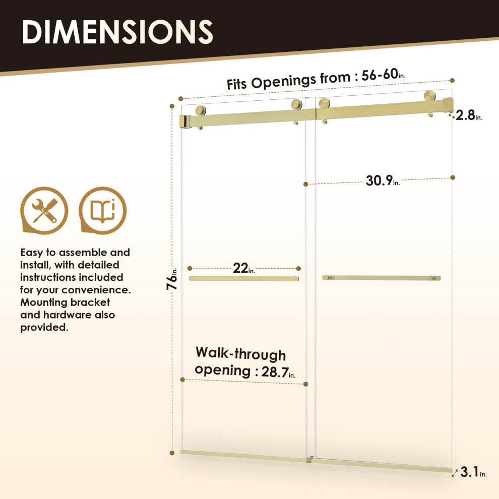 Frameless Exposed Roller Shower Door, Brushed Gold, 60" W X 76" H