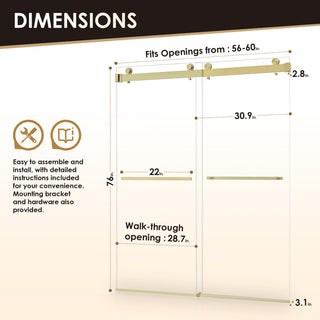 Frameless Exposed Roller Shower Door, Brushed Gold, 60" W X 76" H