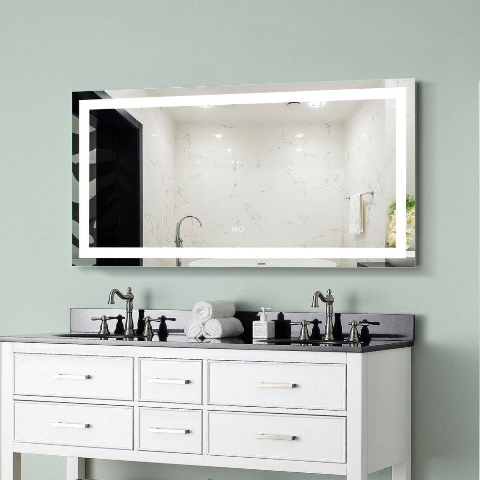 Frameless Vanity LED Lighted Dimmable Bathroom Mirror With Defogger, 60"x28"