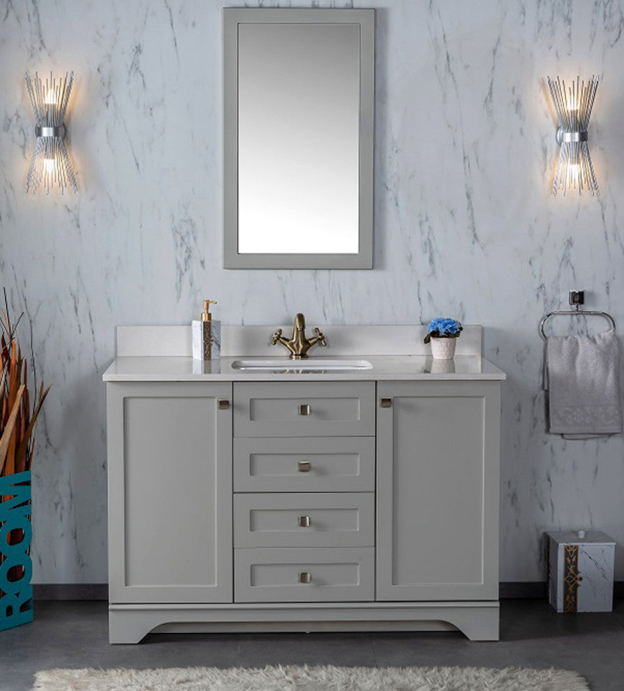 Livia Collection 48" Bath Vanity Quartz Top and Ceramic Sink, Grey, 48"
