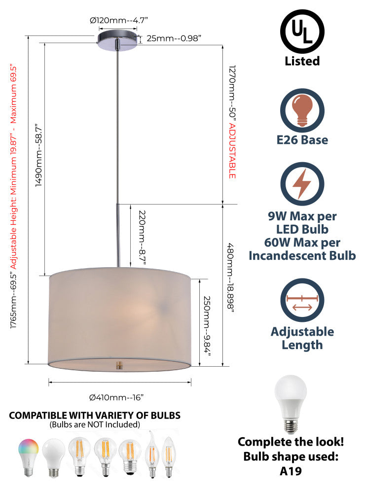 Lazzur Aujon 3 Light 16" Polished Chrome Pendant
