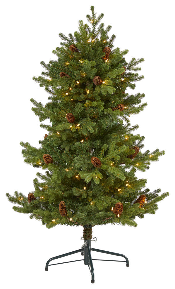 4' Yukon Mountain Fir Faux Xmas Tree W/Lights, Pinecones & 386 Bendable Branches