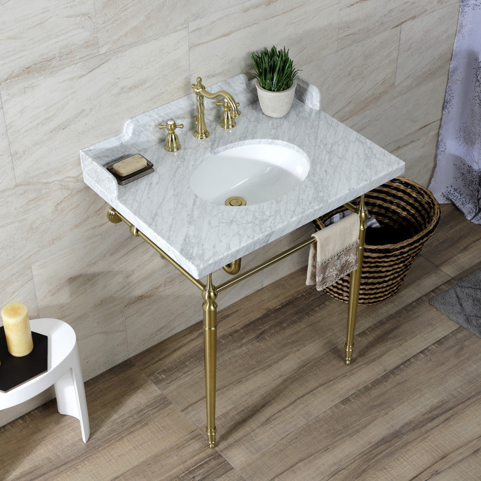 LMS3022M87 30" Carrara Marble Console Sink with Brass Legs