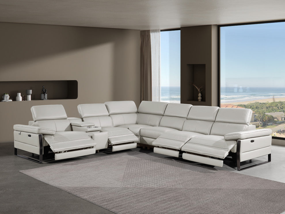 Antonio Italian Leather 7-Piece L-Shaped Power Reclining Sectional, Light Gray