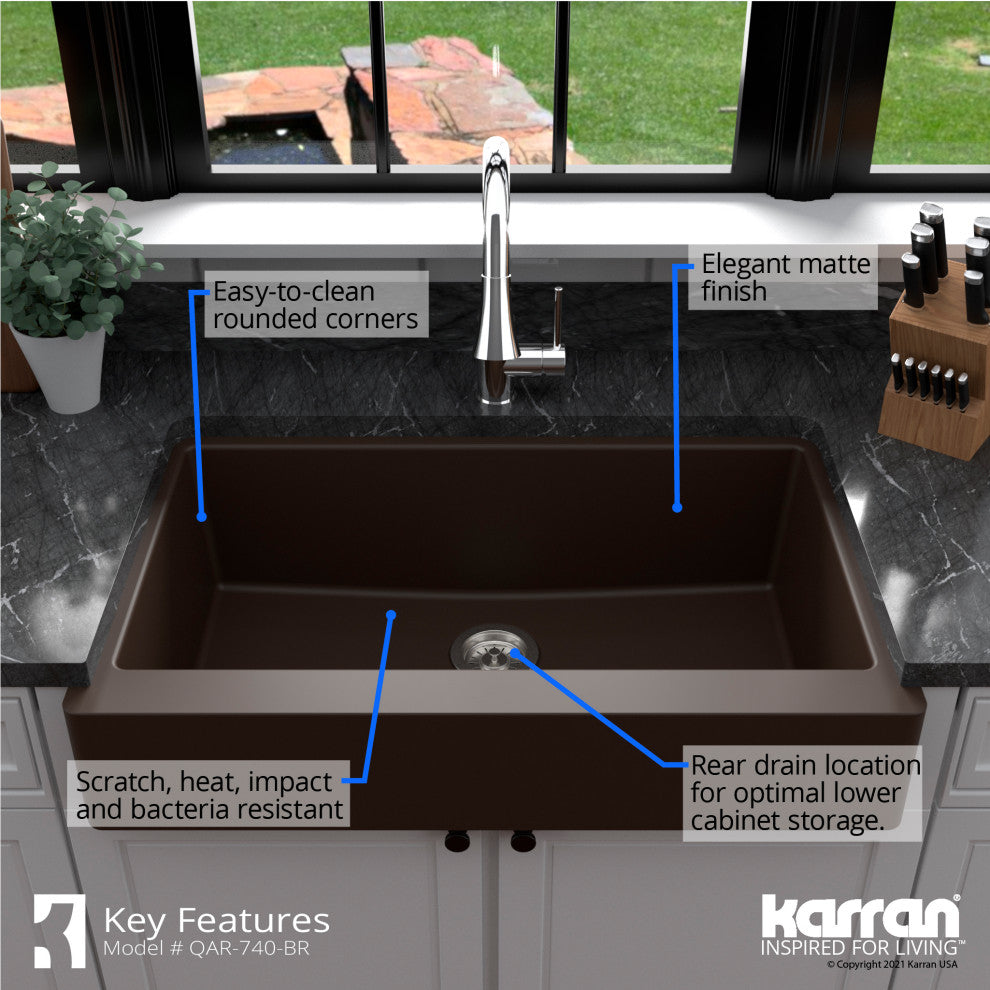 Karran Retrofit Farmhouse Quartz 34" Single Bowl Sink Kit, Brown