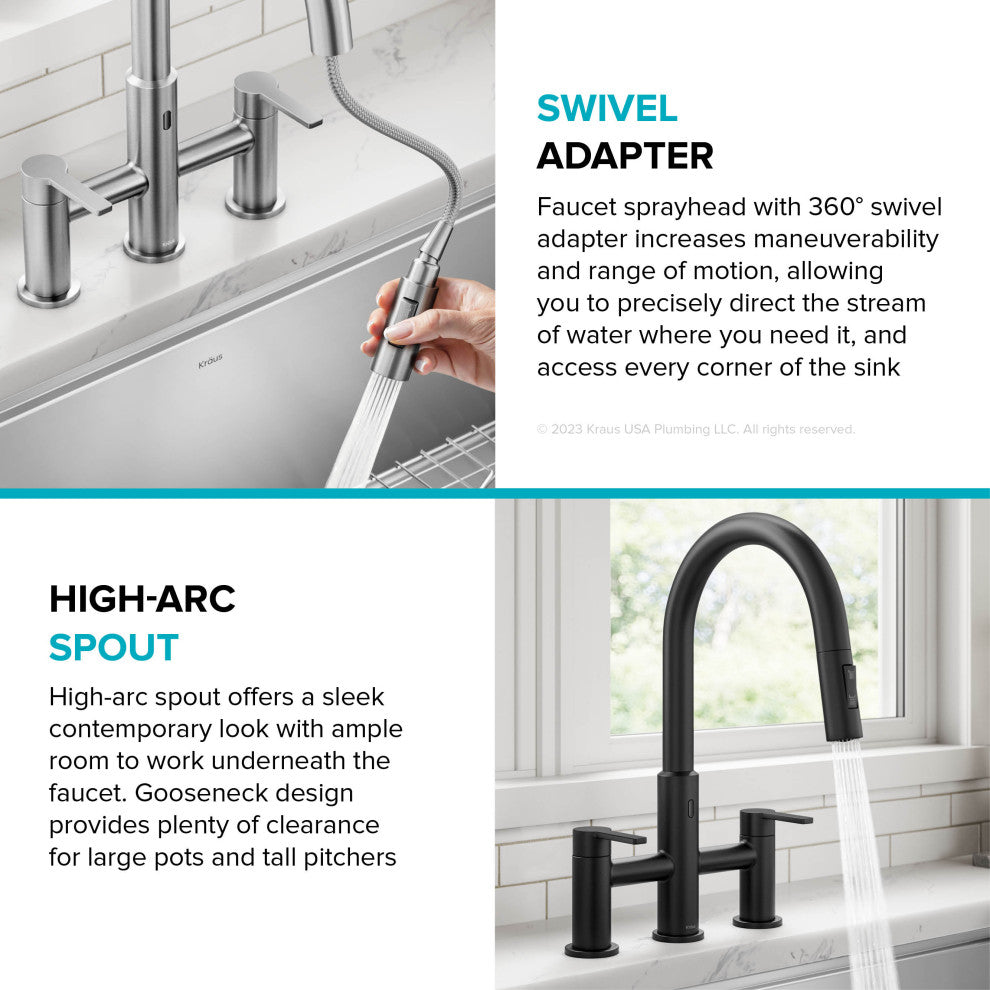 KRAUS Oletto Touchless Sensor Bridge Kitchen Faucet w Pulldown Sprayhead MB