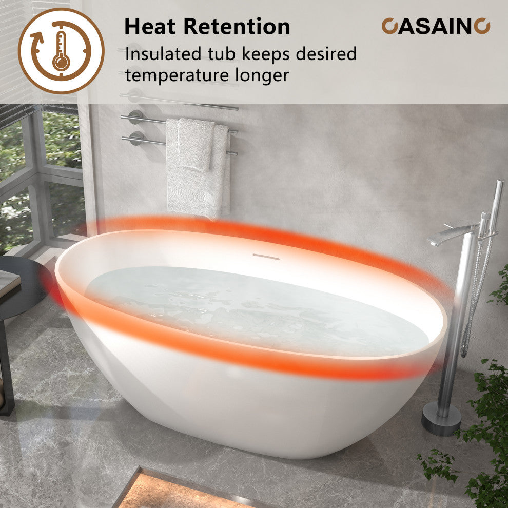 Freestanding Oval Solid Surface Stone Bathtub with Center Drain, Matte White, 59in