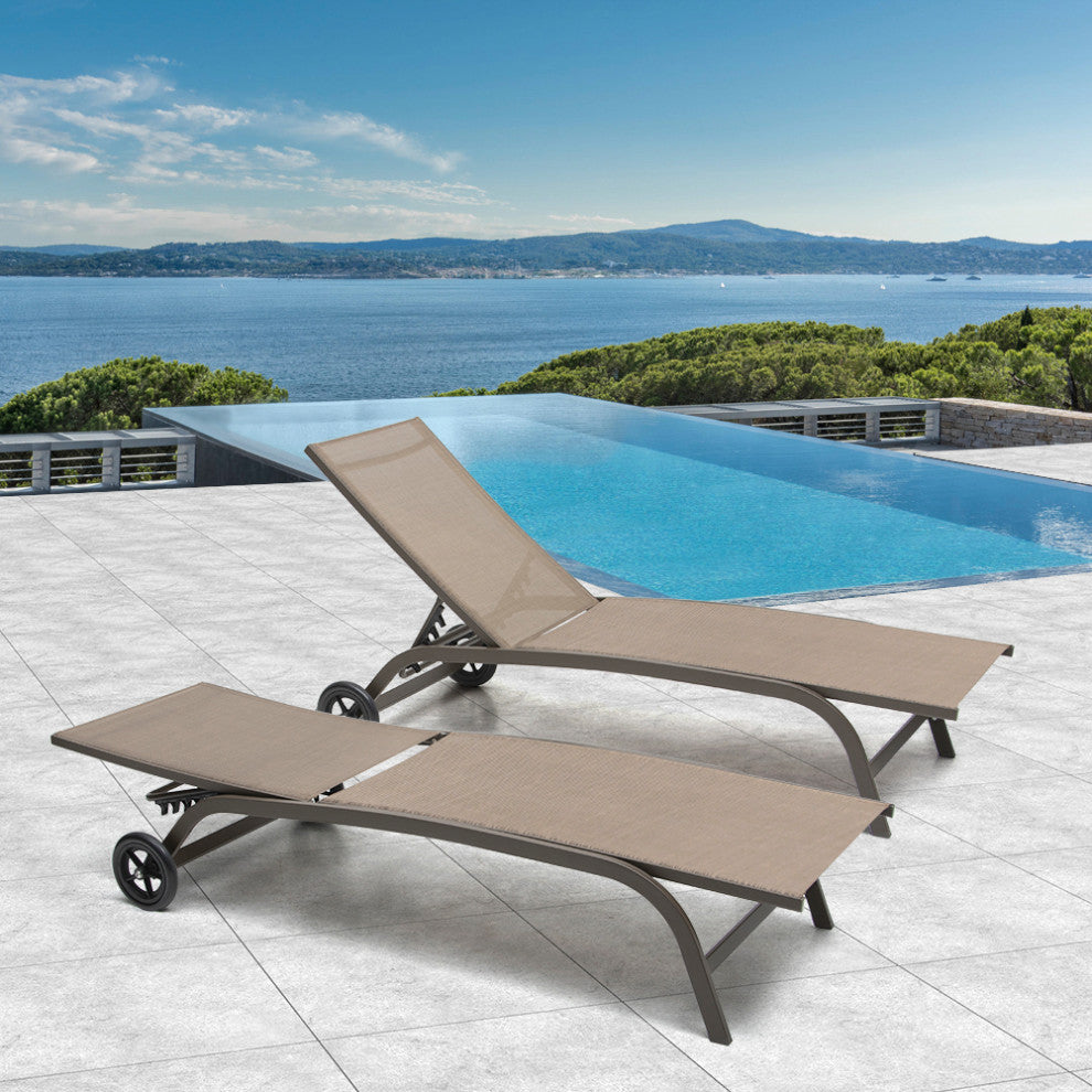 Adjustable Chaise Lounge Chair Outdoor Recliner with Wheels (Set of 2), Brown