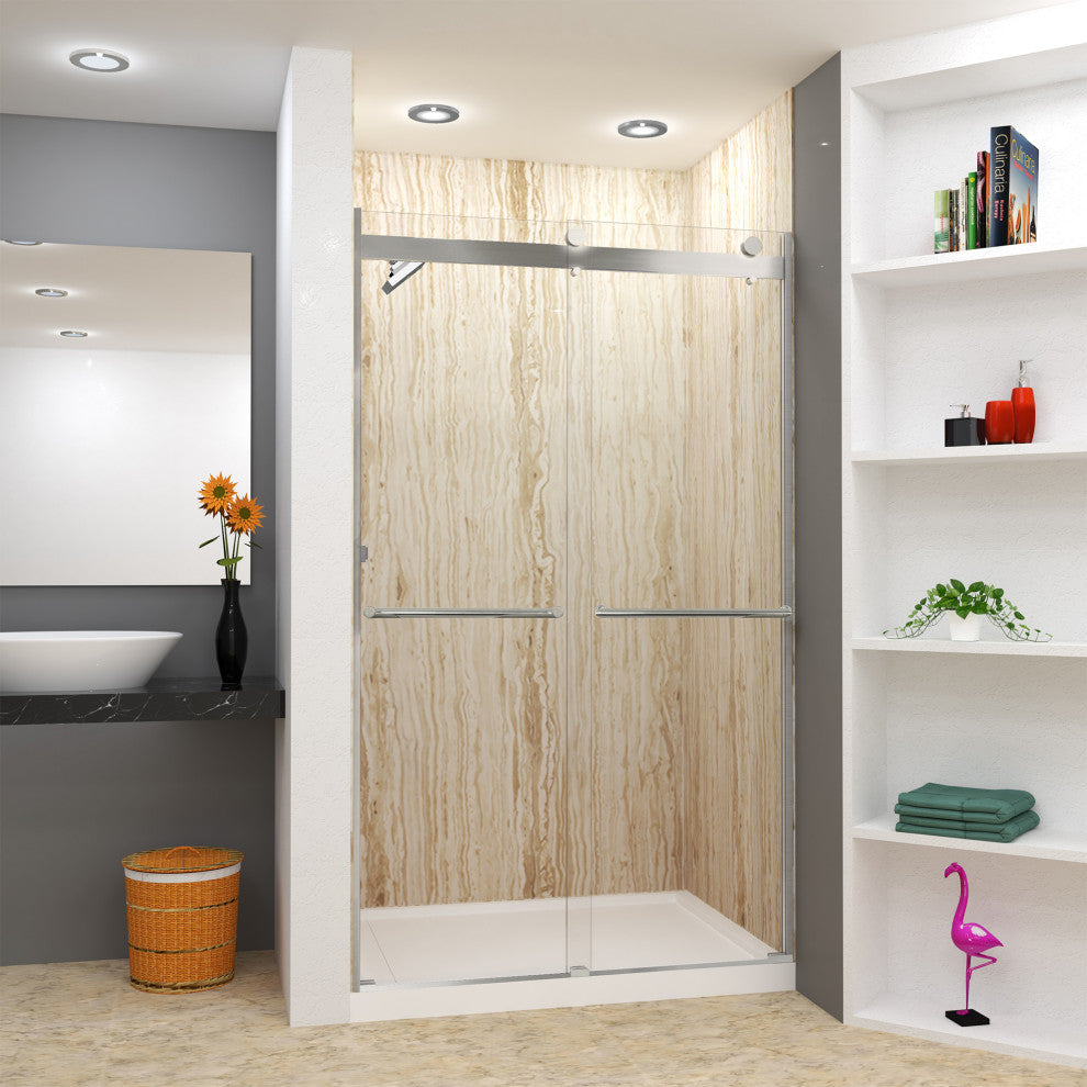Transolid Brianna 48" W x 80" H Frameless Sliding Shower Door, Brushed Stainless