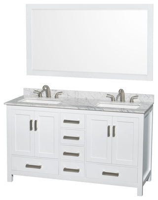 Sheffield 60" White DBL Vanity,Carrara Marble Top,3-Hole Square Sinks,58" Mirror