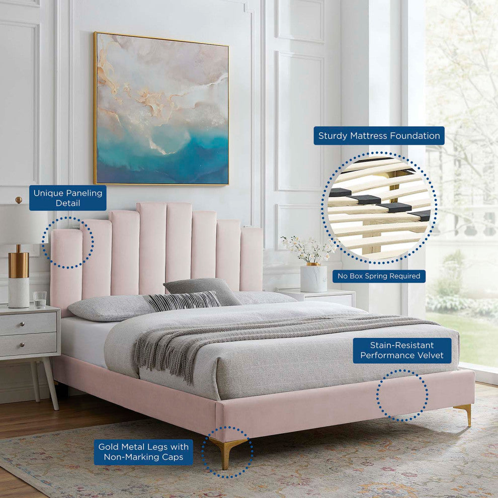 Platform Bed Frame, Queen Size, Velvet, Pink, Modern Contemporary, Bedroom