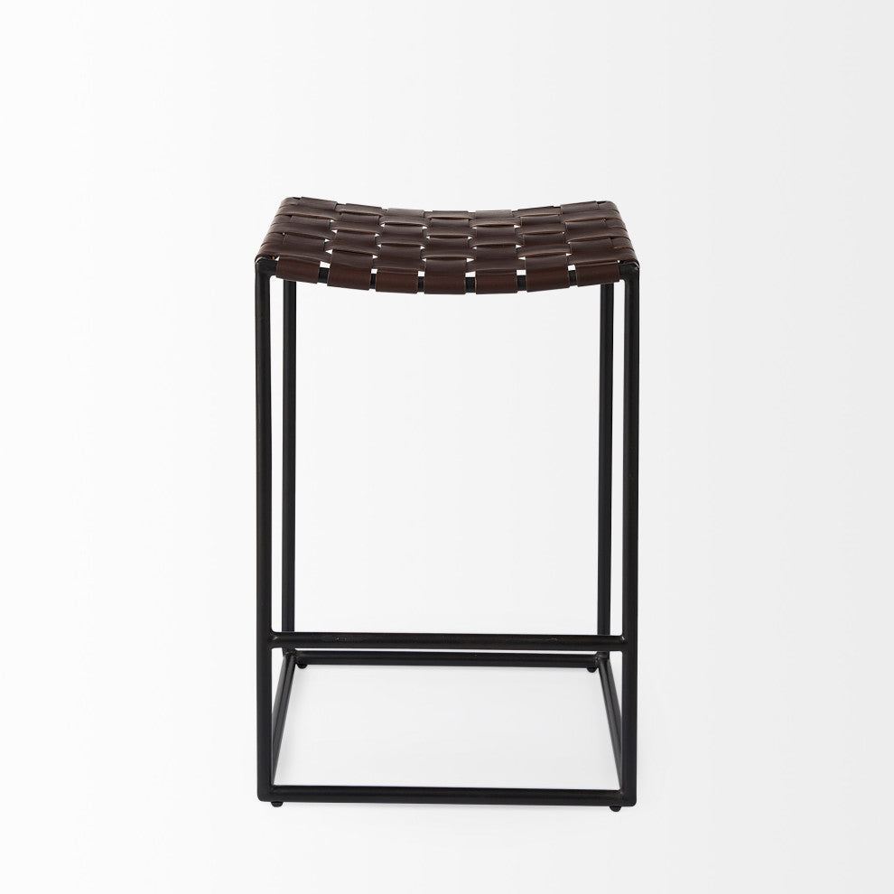 Clarissa Dark Brown Woven Leather Seat with Black Iron Frame Counter Stool