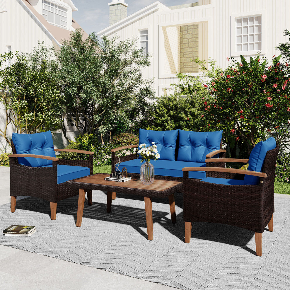 4-Piece Outdoor Wicker Patio Sofa Set with Wood Table and Removable Cushions, Blue