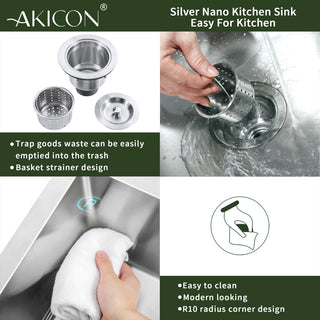 32" Undermount Nano Double Bowl Stainless Steel Kitchen Sink With Drain Assembly