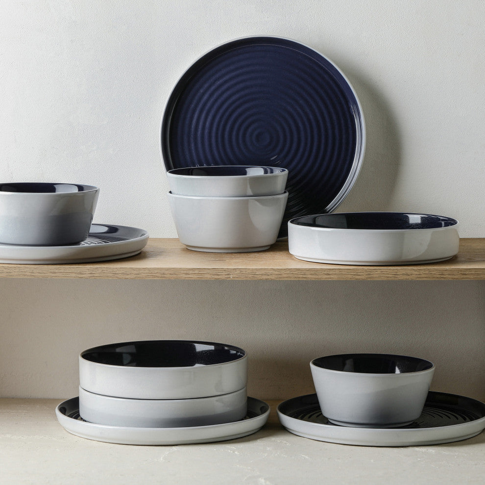 Stone Lain Elica Stoneware 12 Piece Dinnerware Set, Navy and White