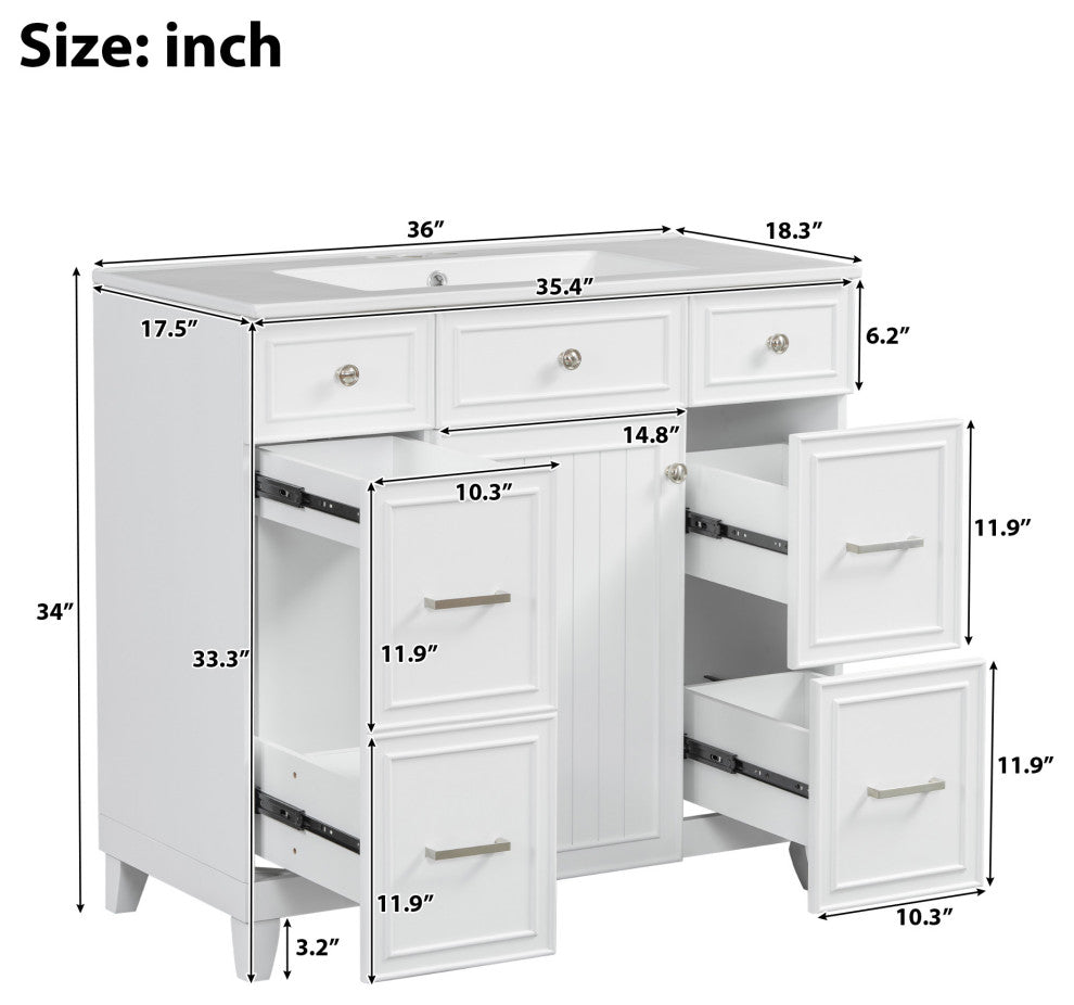 36 Inch Freestanding Bathroom Vanity with Ceramic Sink, White