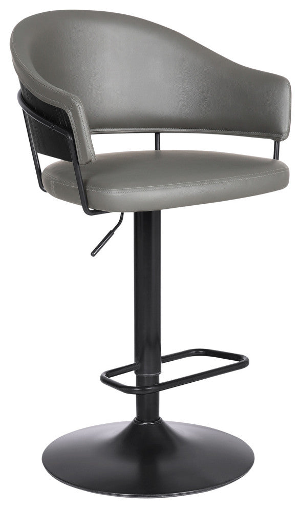 Adjustable Gray Faux Leather Black Wood and Metal Bar Stool