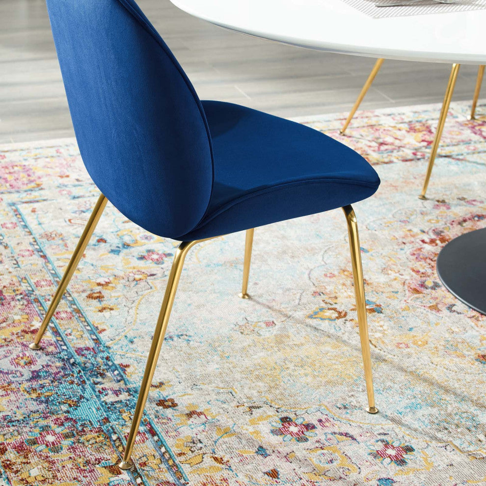Contemporary Dining Room Side Dining Chair, Velvet Stainless Metal, Navy Blue