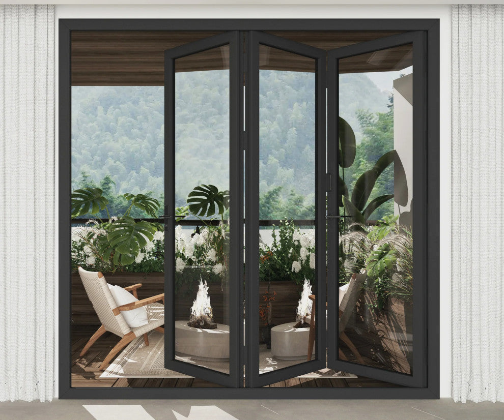 Aluminum folding patio doors 108"x96", black color. low e glass R-L30