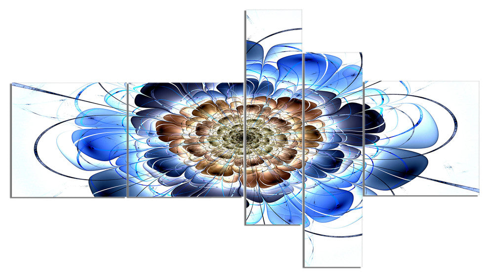 Dark Blue Fractal Flower, Floral Art Canvas Print, 60"x32", 5 panels