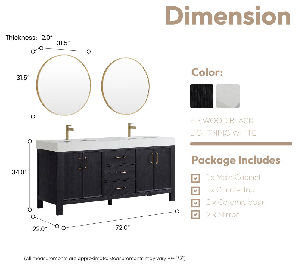 Leon Bath Vanity With Composite Stone Top, Fir Wood Black, 72", With Mirror