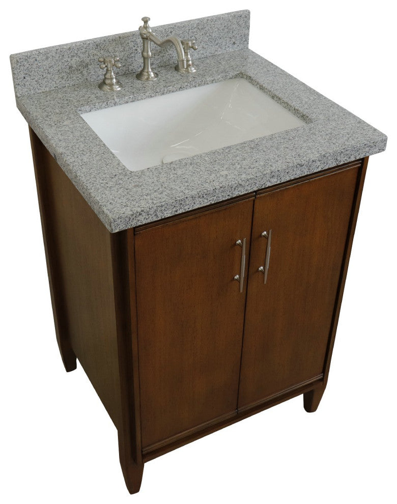 25" Single Sink Vanity, Walnut Finish With Gray Granite and Rectangle Sink