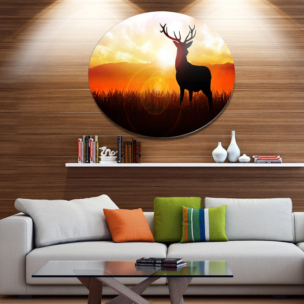 Deer On Meadow During Sunrise, Animal Round Wall Art, 23"