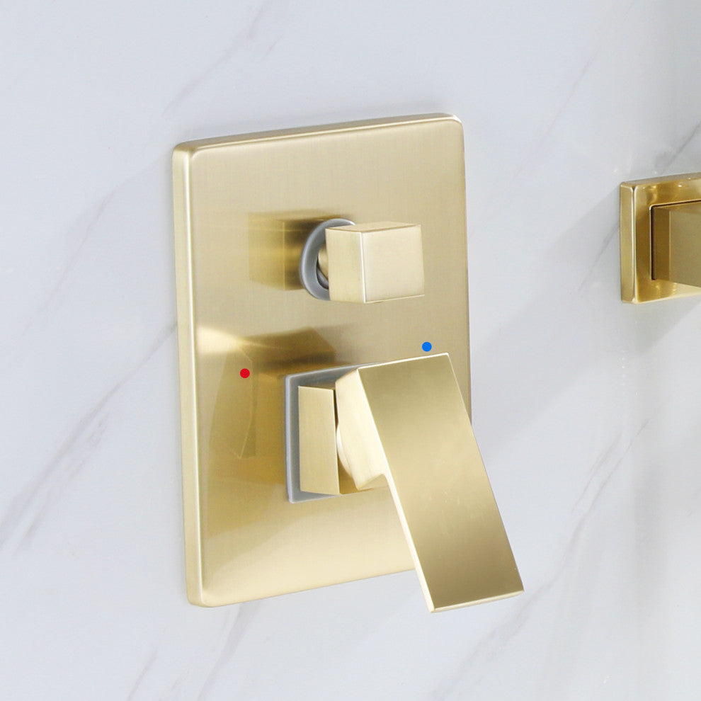 Wall Mounted Double Handle Roman Tub Faucet with Hand Shower, Brushed Gold