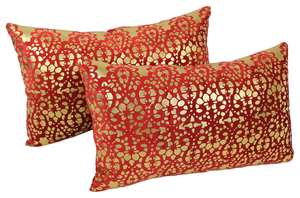 Paisley Scaled Velvet Throw Pillow, Set of 2, Black Velvet/ Silver Foil, Crimson