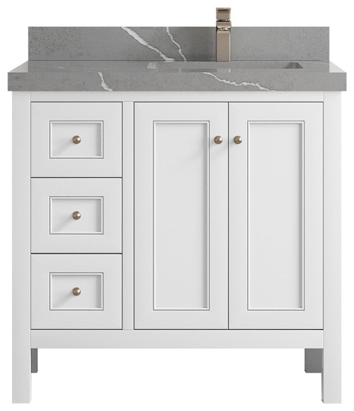 Nashville 36" Right Offset Bath Vanity, White 2" Piatra Gray