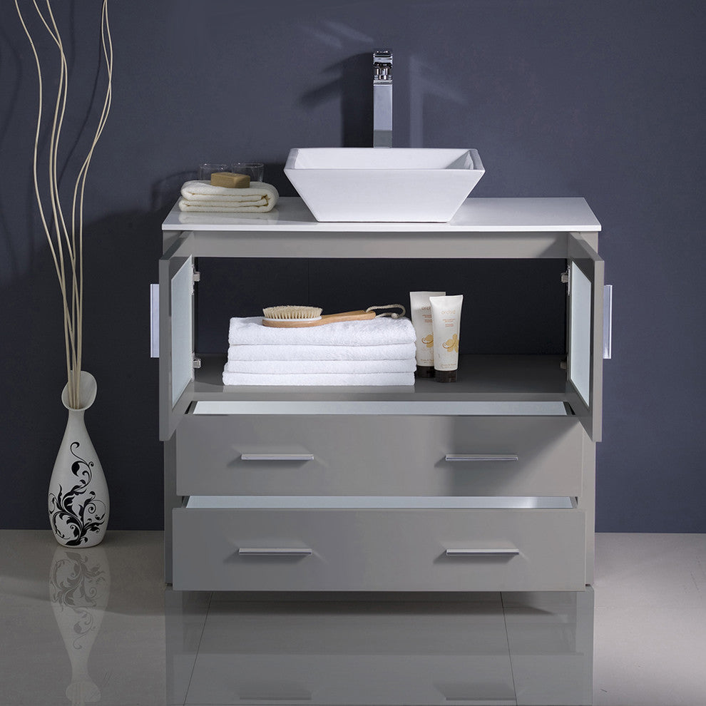 Torino 36" Gray Modern Bathroom Cabinet With Vessel Sink