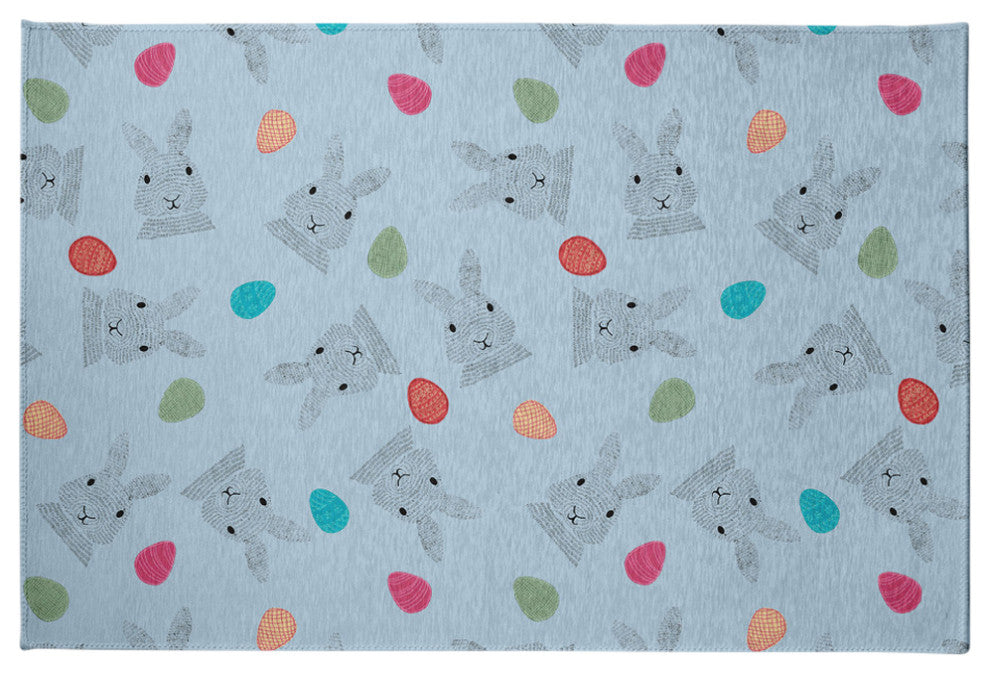 Bunnies and Eggs Easter Chenille Rug, After Rain Blue, 4'x6'