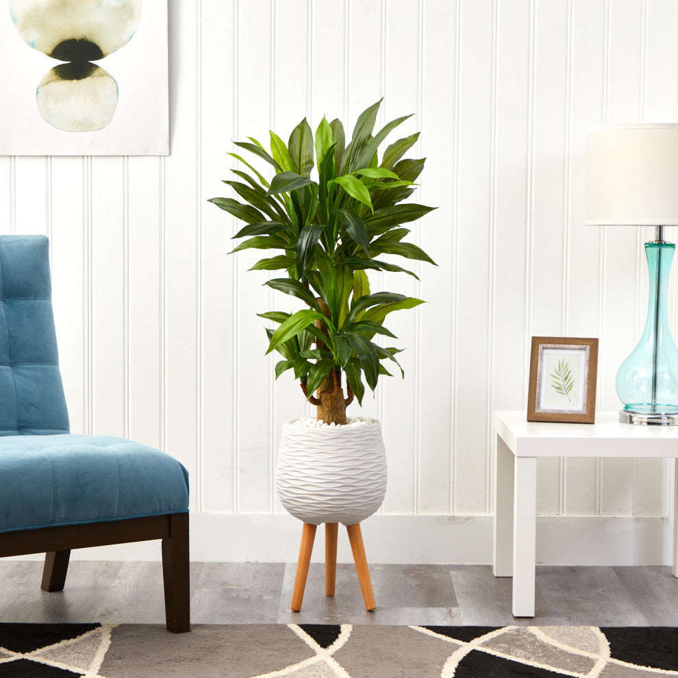 46" Corn Stalk Dracaena Artificial Plant, White Planter With Stand, Real Touch
