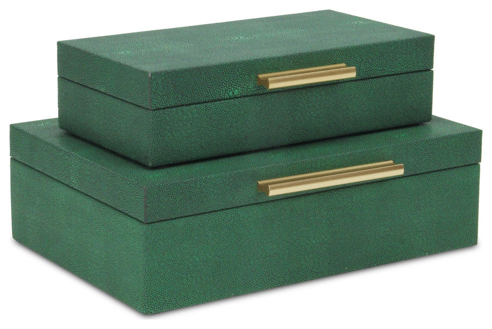 Lusan Rectangular Decorative Box Set, Green Faux Shagreen
