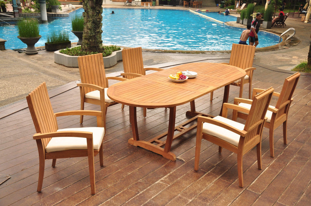7-Piece Outdoor Teak Dining Set: 94" Masc Oval Table, 6 Goa Stacking Arm Chairs