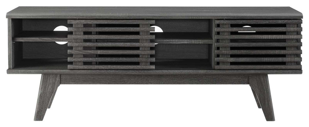 Media TV Stand Console Table, Wood, Dark Grey Gray, Modern, Lounge Hospitality