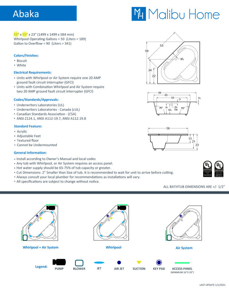 Malibu Abaka Triangle Bathtub 59x59x23, Whirlpool