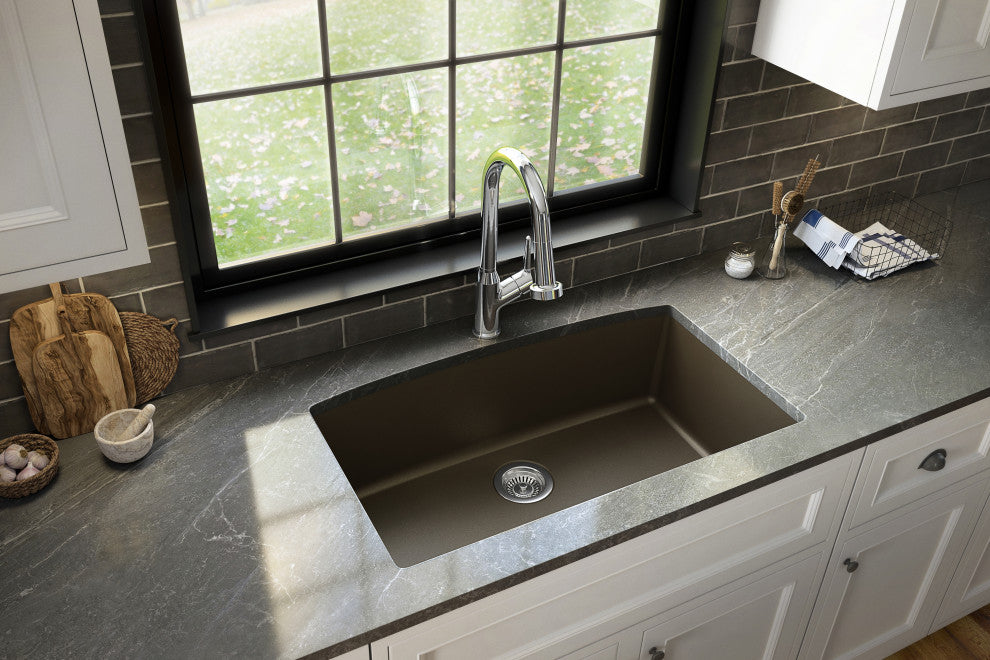 Karran Undermount Quartz 32" Single Bowl Kitchen Sink Kit, Brown