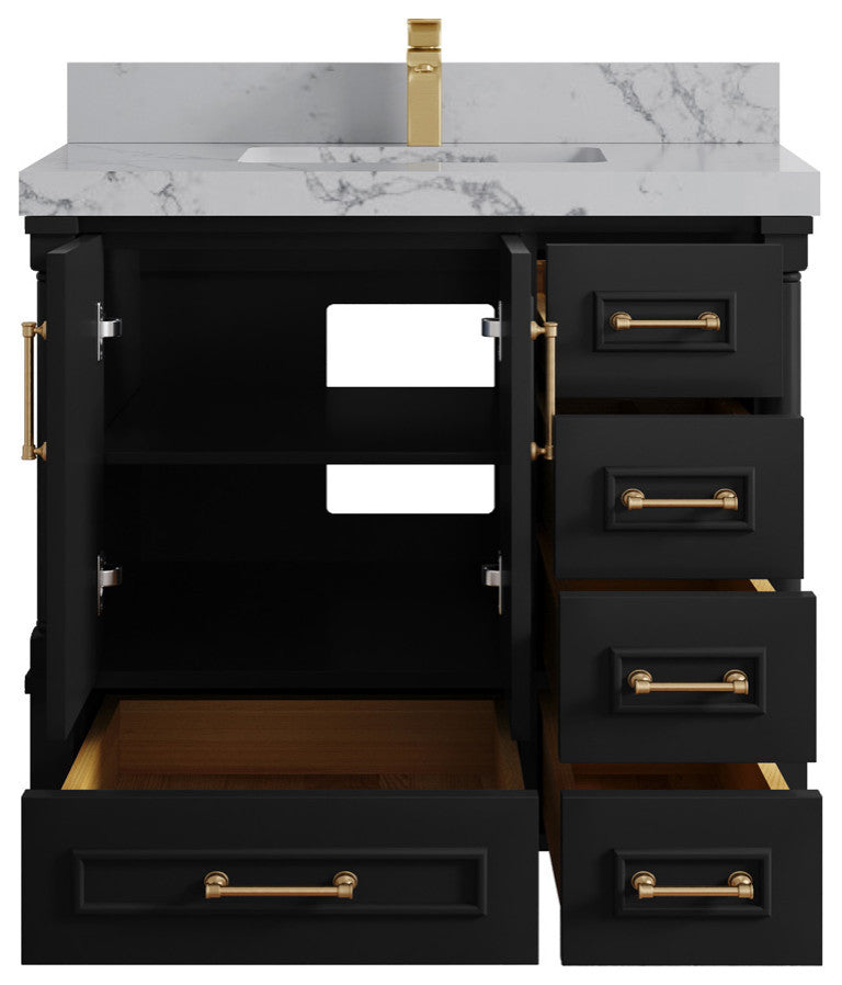 Aberdeen 36 Center Sink Bath Vanity in Black 2" Venatino Quartz
