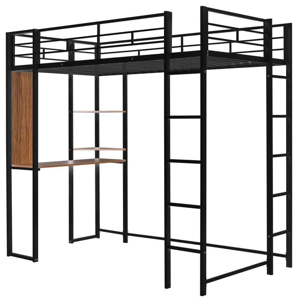 Gewnee Twin Metal Loft Bed with 2 Shelves and one Desk