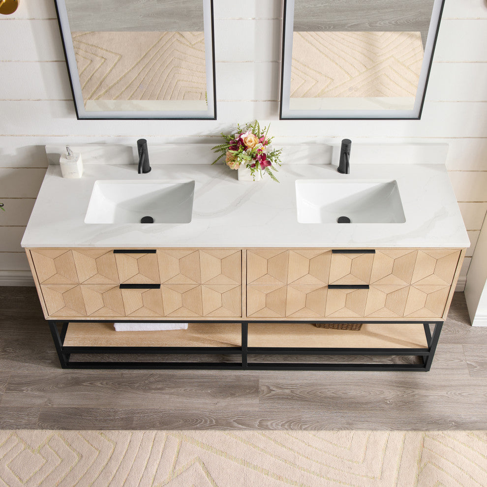 Milagro Bath Vanity With Top, Washed Ash Grey, Matte Black Base, 72", No Mirror